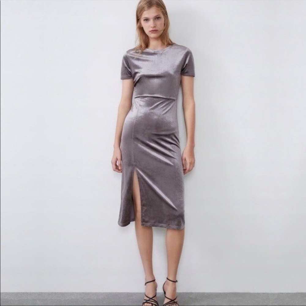 NWT Zara Silver Gray Sheath Velvet Midi Dress with Slit sz Small